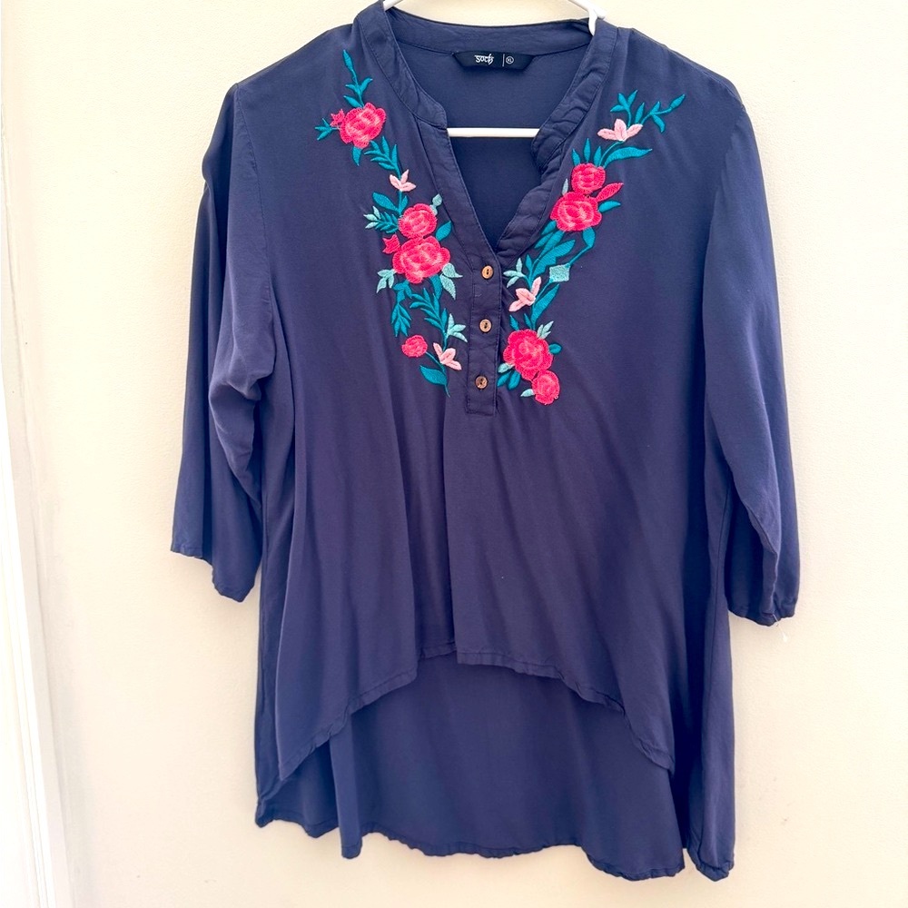 Ing Blue Tunic with Embellished V-Neck and Asymmetrical Hem